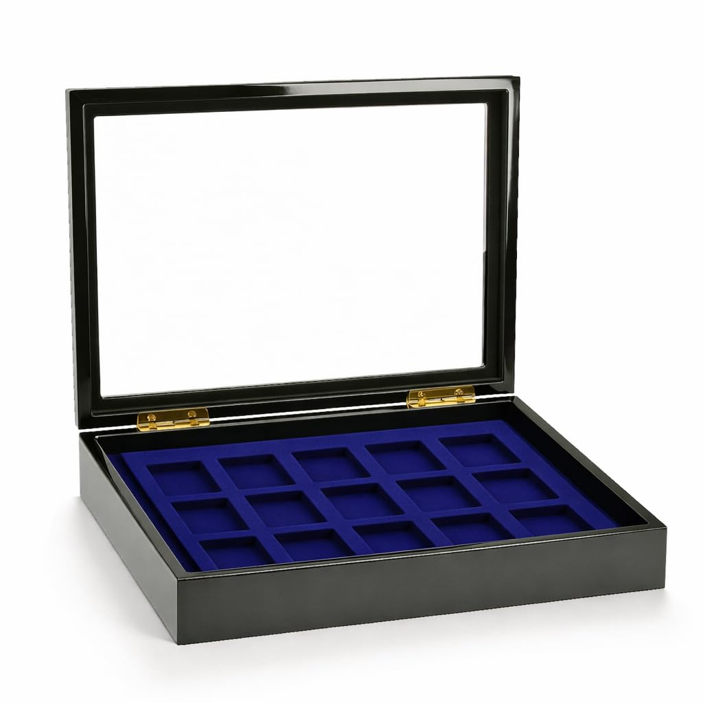 Safe 5901 Estuche de colección para 15 Compartimentos de encendedores ZIPPO | Inserto de Terciopelo Azul | Estuche con Cierre magnético Invisible | Dimensiones : 375 x 330 x 26 mm
