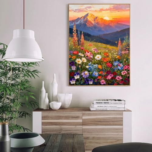 Image of Clendo Landscape Paint by Numbers Kit for Adults Beginner, Flower Mountain Adult Paint by Number Kits on Canvas, Sunset Oil Painting Kit for Beginners Gift Home Wall Decor 16x20 Inch