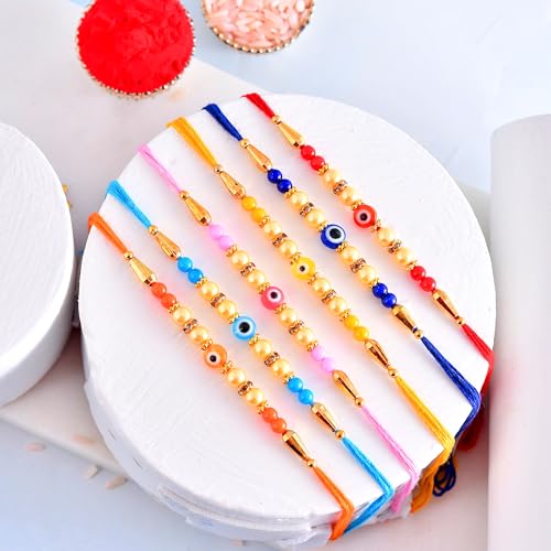 Image of CraftVatika Design Evil Eye Rakhi Set of 6 for Brother, Rakhi Set for Bhaiya, Boy, Men, Girls, Sisters, Kids Rakhis for Rakshabandhan With Gift for Home Decor