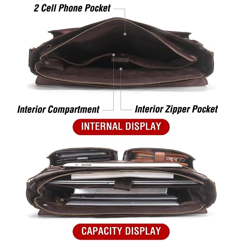 Image of Top Grain Leather 14.2 inch Laptop Briefcase Crossbody Handbag, Vintage Design & Multi Pockets, Fits to MacBook Pro /Air 14 inch /13.3 inch /13.6 inch 2021 2022 M1 Pro /M1 Max & A4 /A5 Paper, Coffee 14.2 Inch
