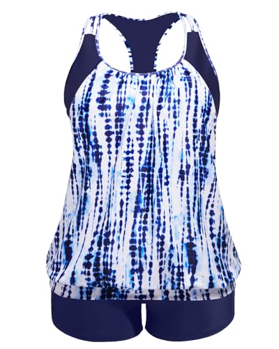 Image of Womens Plus Size Tankini Swimsuit Two Piece Tummy Control Bathing Suit | Blouson Racerback Tankini Top with Shorts, Double Up Design, Removable Pad