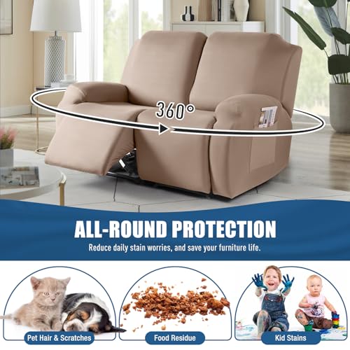 Image of TAOCOCO Recliner Loveseat Slipcover, 2 Pieces Polyester Fabric Stretch Sofa Covers for 2 Seat Reclining Couch, Soft Washable Furniture Protector with Pockets (2 Seat, Khaki)