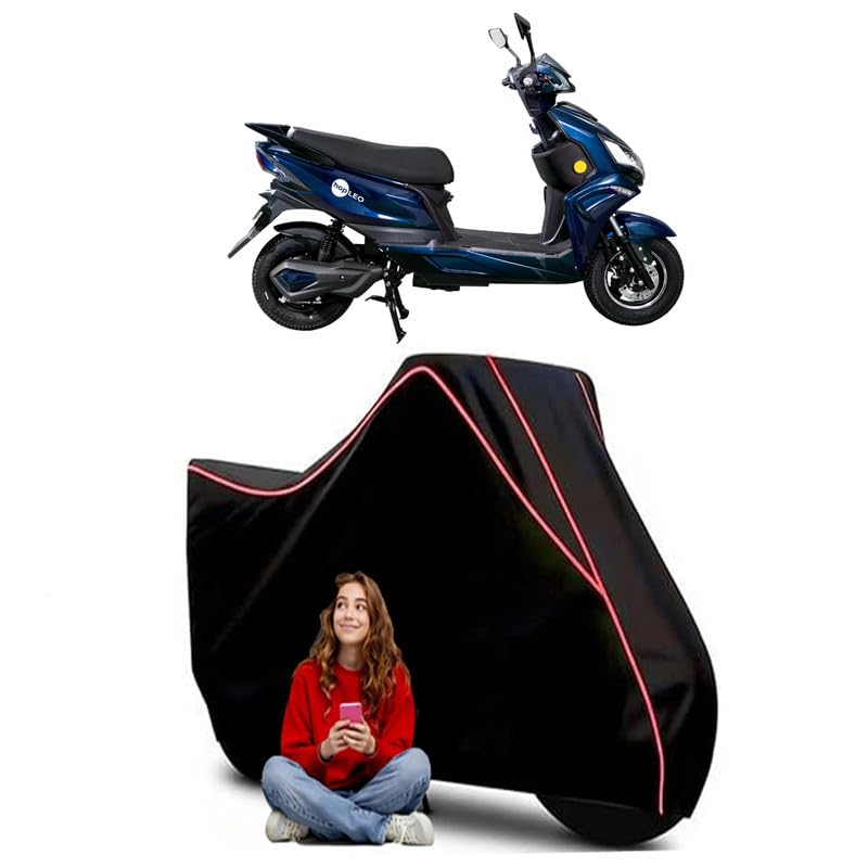 Image of Hop Electric Leo Scooty Bike Cover Water Resistant Outdoor Use Universal Fit Scooters Motorcycles Heavy Duty UV Protection Dust Rain Scratch Resistant Elastic Bottom Black Blue Piping