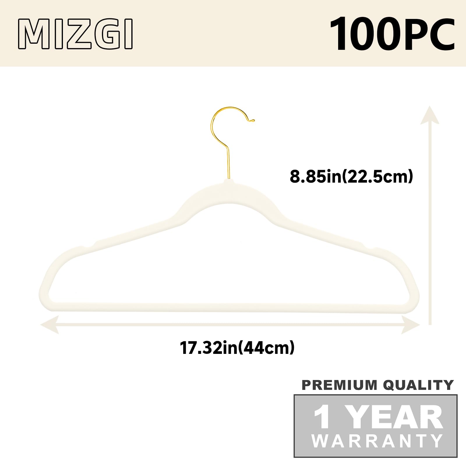 MIZGI Elfenbeinfarbene Samt-Kleiderbügel, 100 Stück, hochwertige goldene Kleiderbügel, rutschfeste Filz-Kleiderbügel, stabile elfenbeinfarbene Kleiderbügel, robuste Kleiderbügel, langlebig