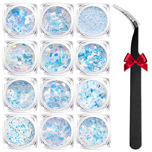 Modelones Holographic Nail Sequins 12 Colors Iridescent Mermaid Nail Glitter 3D Laser Sequins Nail Sparkle for Gel Nail Polish Dip Powder Flake Acrylic Paillettes with Tweezers Nail Art Decoration