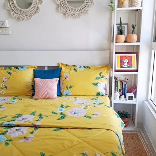 Image of Ultra-Soft Glace Cotton AC Comforter Double Bed | 90x100 Inch | Reversible |Filled with Pure Microfiber | All-Season Premium Comforter (Yellow Floral)