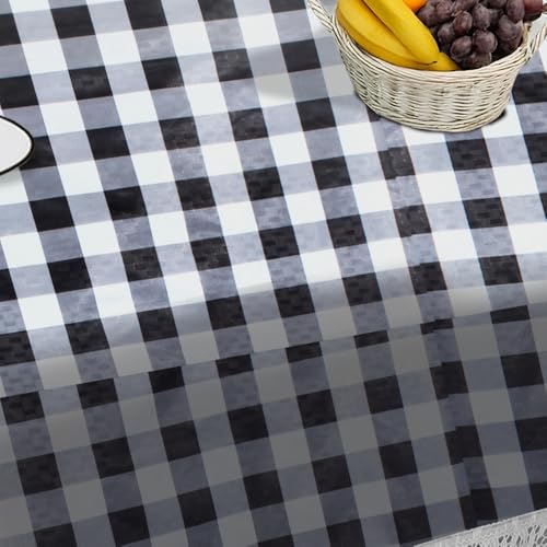 Image of The Furnishing Tree Waterproof PVC Rectangle Shaped 10 Seater Table Cover WxL 60x120 inches Gingham Pattern Black & White with White Border lace