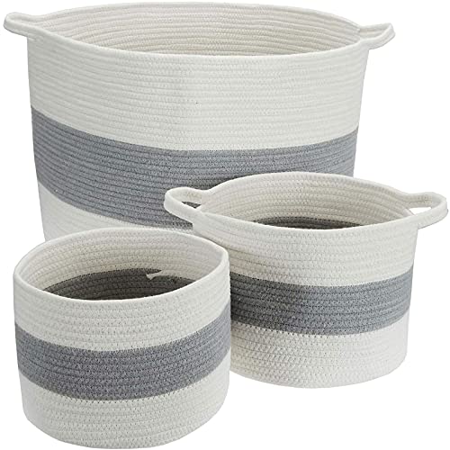 Jucoan Lot de 3 Panier en Corde de Coton Extra Large Paniers de Rangement Paniers à Linge Panier de Rangement Pliable avec Poignées Panier Tressé Rangement pour le Linge les Jouets les Couvertures Cover