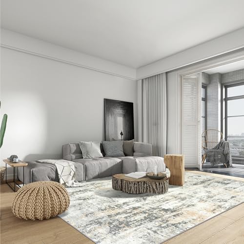 8x10 Area Rugs Washable Rug: Modern Abstract Living Room Rug Soft Anti-Skid Thin Carpet Indoor Floor Non-Shedding Carpets for Bedroom Dining Room Farmhouse Nursery Home Office Grey Brown