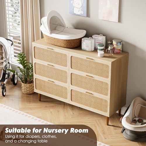 Rattan 6 Drawer Dresser for Bedroom, Large Double Dresser with Deep Drawers, Wooden Chest of Drawers for Closet with Wide Top, for Living Room, Hallway, Kids Room, Natural - Image 6