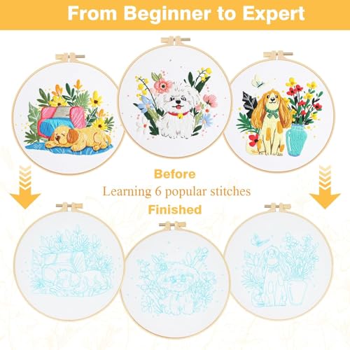 Image of GLTAYLMY Cute Dogs Embroidery Kit for Beginners with Pattern and Instructions,3 Pack Cross Stitch Kits,1 Plastic Embroidery Hoops,Threads and Needles,Needlepoint Kit for Adults