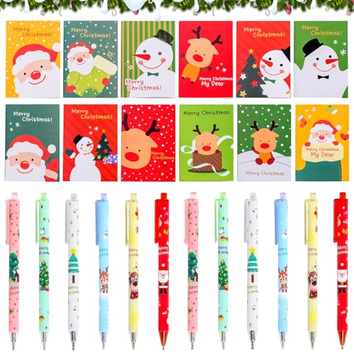12 Bolígrafos de Tinta de Gel de Navidad, 12 Mini Bloc de Notas de Navidad, Bolígrafos Retráctiles de Navidad, Cuadernos de Bolsillo Portátiles para Niños,Regalo de Fiesta de Navidad Oficina Familia