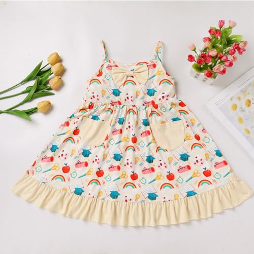 OBEEII Back to School Outfit for Girls Toddler First Day of School Kindergarten Bow Pencil Rainbow Printed Dress/Pockets3
