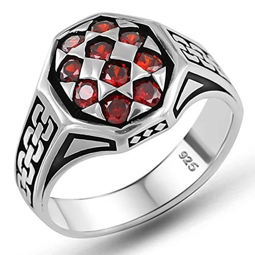 Anillo de lujo para hombre de plata de ley 925 maciza con piedra de rubí simulada roja, Metal Piedra, rubí simulado