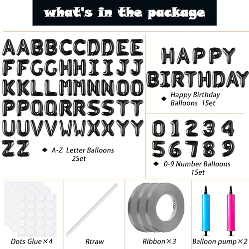 Image of Happy Birthday Balloon Banner Custom Phrase Balloons letter 16 inch Personalized Alphabet Letters Foil Mylar Balloons (Black)