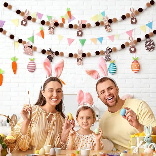 Image of 3 Pcs Easter Day Brown Bunny Felt Banner Colorful Bunny Felt Banner Pom Pom Egg Ball Garland Easter Day Rabbits Pompom Hanging Garland for Home Party Favors