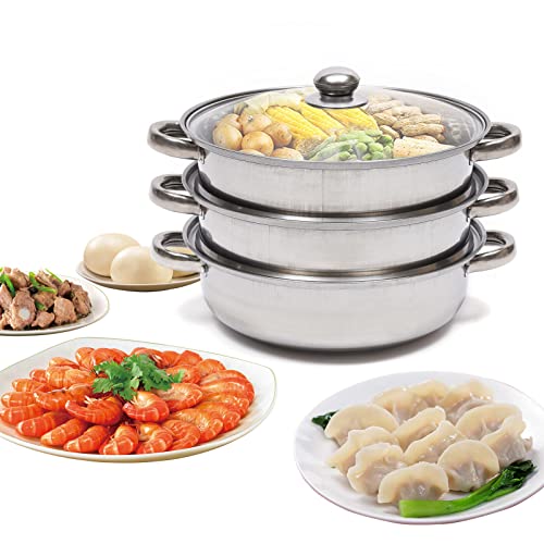 Vaporera de 3 niveles, diámetro de 28 cm, apilable, acero inoxidable, con tapa de cristal, para cocinas de inducción, estufas eléctricas de cerámica, hornos eléctricos o cocinas de gas