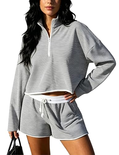 Image of Bozanly Two Piece Outfits for Women Trendy Long Sleeve Tops Shorts Set