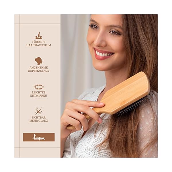 lampox Haarbürste Paddle Brush Paddlebrush Paddel Bürste Entwirrbürste Bürste mit Wildschweinborsten aus Bambusholz – Bild 4