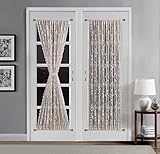 LinenZone Golden Linen French Door Curtains with Elegant Floral Design. Each Pair of 2 52 by 72 Inch Length Curtains Come with 2 Matching Tie-Backs. Lace Curtain for Door Window. (Rosa 52 x 72 Linen)