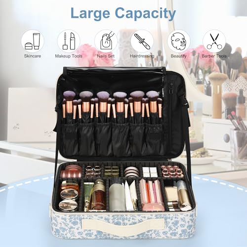 Image of Relavel Large Makeup Bag, Floral Cosmetic Bag for Women, Professional Travel Train Case Portable Makeup Artist Bag Make Up Storage Organizer Box with Adjustable Dividers and Makeup Brush Compartment