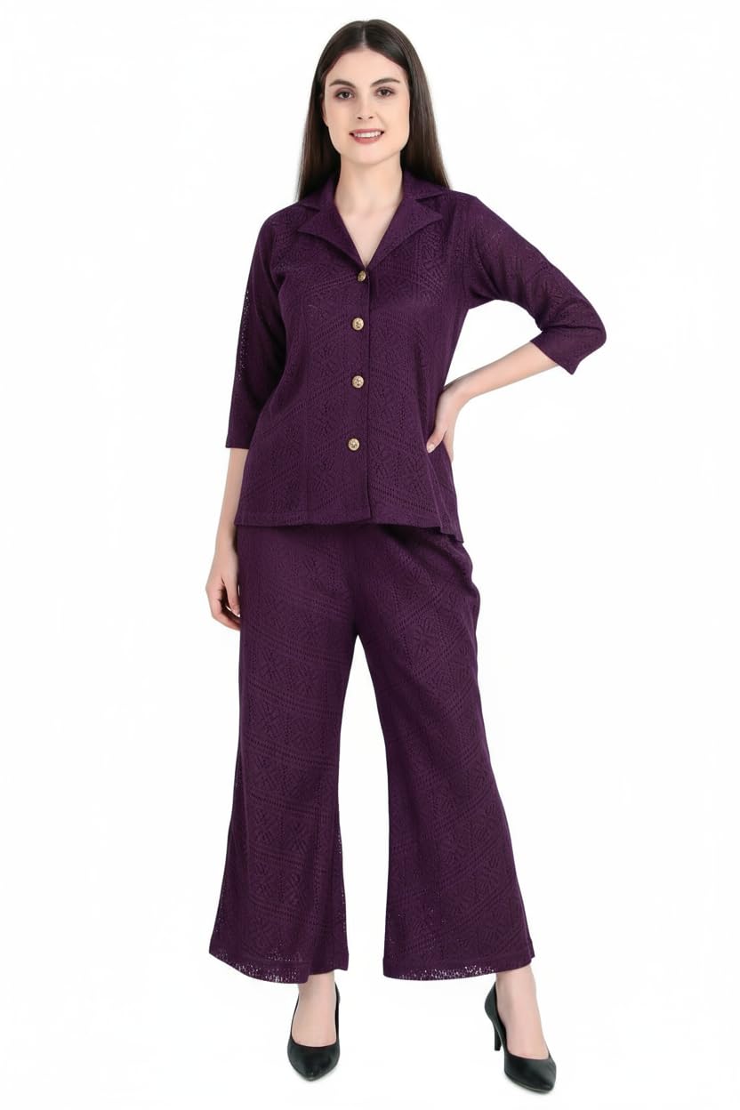Women’s Stylish Co-ord Set – Button Down Top with Wide Leg Pants | Elegant Casual Wear (IN, Alpha, M, Purple)-image-7