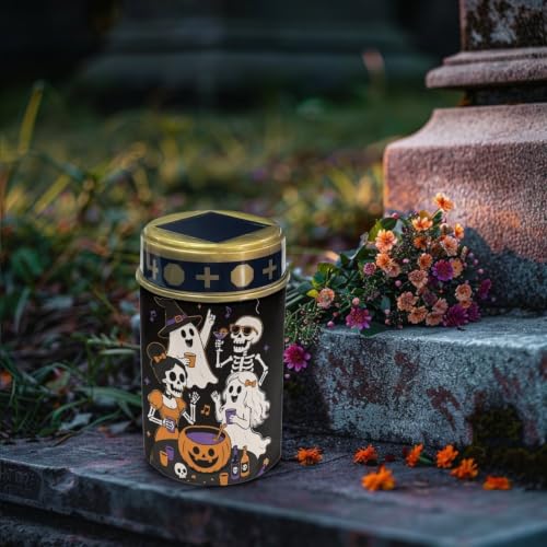 Image of Poceacles Solar Powered Outdoor Lights Cemetery Solar Memorial Lights Outdoor Waterproof Landscape Candles for Yard Patio Lawn Home Halloween Decor, Ghost Pumpkin Skull Musical Note, Pack of 2