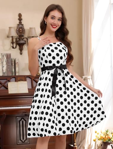 Image of Women Vintage Polka Dot 1950s Rockabilly Halter Audrey Dress Retro Floral Evening Cocktail Swing Dress