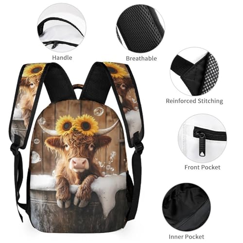 Cute Highland Cow Bath Printed Backpack with Lunch Box Bag Pencil Case Pouch 3pcs Daypack Set for Women Men3