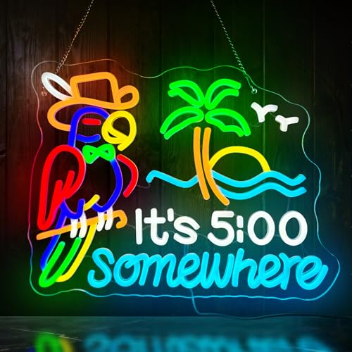 Parrot Its 5 oclock Somewhere Sign Neon - Bar Beer Neon Sign for Wall Decor USB-Powered Dimmable LED Neon Light for Man Cave Home Bar Birthday Party Club Bedroom Decor(16.512.5 inches)