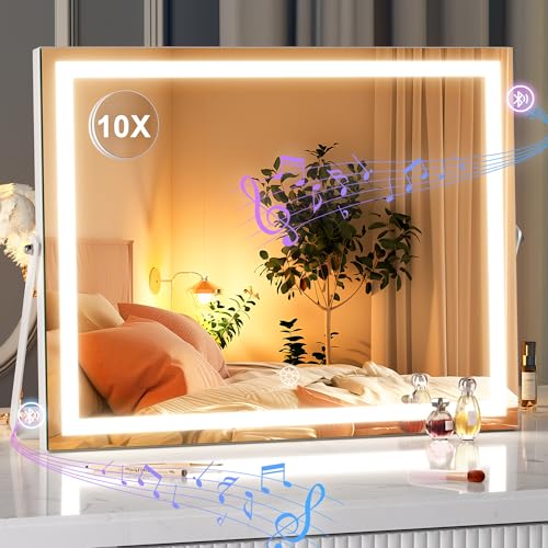 Hasipu Vanity Mirror with Lights and Bluetooth Speaker 17.7 x 13.8 LED Makeup Mirror with 10X Magnification Smart Touch 3 Colors Dimmable Brightness Adjustment 360 Rotation White