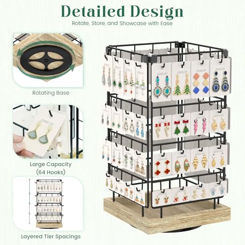Image of EsLuker.ly Rotating Earring Display Holder Stand for Vendors Events Selling, Large Capacity 64 Hooks Jewelry Rack with Wooden Base for Earring Card Sales, Enhances Retail Display Visibility