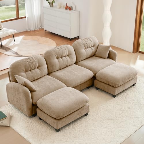 Image of KEIKI 107 inch U-Shaped Oversized Chenille Modular Sectional Sofa with 2 Ottoman, High-Density Foam Cushions, Tufted Pleated Cushion Backrest, Modern 3-Seater Couch with 2 Pillow, for Living Room, Camel