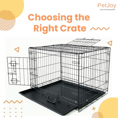 Image of PETJOY Foldable Metal Cage | 24 Inch Dog Crate Kennel for Puppies, Medium Dogs, Cats & Rabbits | Double Door with Secure Lock, Removable Leak-Proof Tray | Portable & Easy to Clean Pet Cage (Black)