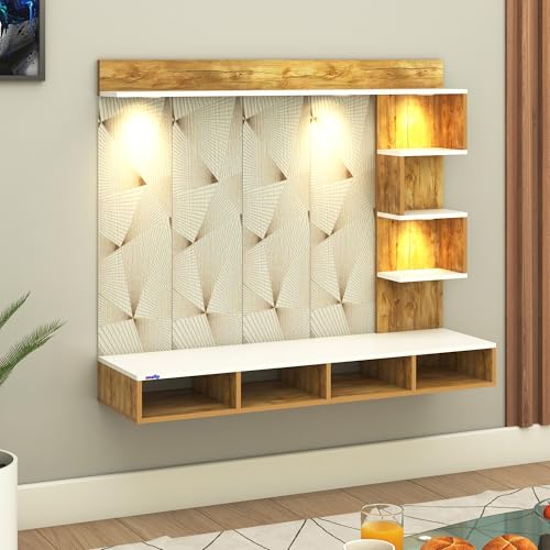 Image of Anikaa Laura Engineered Wood Wall-Mount TV Unit with PVC Back Panel & LED Lights | TV Cabinet with Storage Box & Decorative Shelves (Giantwood /White) Ideal for TVs up to 43 Inch | DIY Installation
