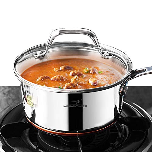 HOMI CHEF Mirror Polished Copper Band Nickel Free Stainless Steel 1 QT Saucepan with Glass Lid (No Toxic Non Stick Coating, 6.5 Inch) - Small Saucepan Induction Pan with Lid - Non Toxic Cookware