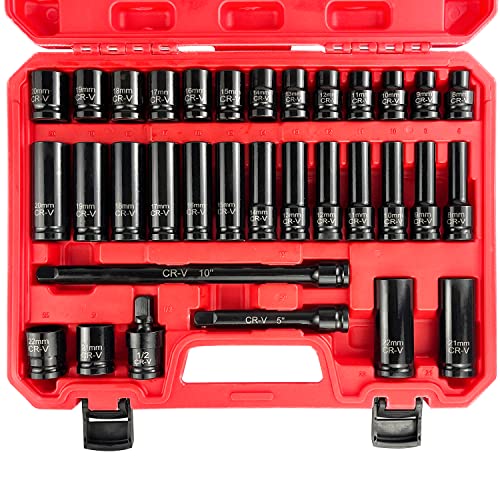 33pcs 1/2" Impact Socket Set (8-22mm), Metric Socket Set, Cr-V Steel, 6 Point Deep & Shallow Sockets, with 5" 10" Extension Bars and 1/2" Universal Joint