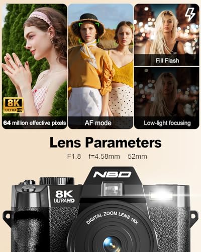 Image of NBD 8K Digital Cameras for Photography,64MP Camara Fotograficas,Travel Vlogging Cameras for YouTube with 180Flip Screen,16X Digital Zoom,52mm Macro Lens,2 Batteries,64GB TF Card(Black)