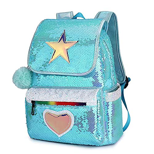 Mochila de lantejoulas Star Heart para meninas, linda mochila casual brilhante com glitter com bolas peludas para meninas universitárias, Turquesa, M