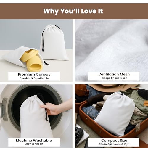 LFH Cotton Rich Shoe Storage Bags with Drawstring, Dustproof Breathable Reusable Organizer, Perfect For Travel, Dorm, Hotel, College, Gym, Easy to Carry, Machine Washable 12"x17" (Pack of 4) - White3