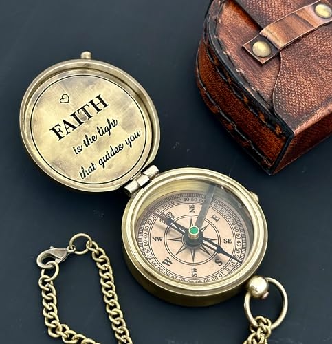 Faith Compass – Inspirational Gift for Men & Boys | Christian Baptism, Communion, Confirmation, or Graduation Present | “Faith is The Light That Guides You” Engraved | Leather Box