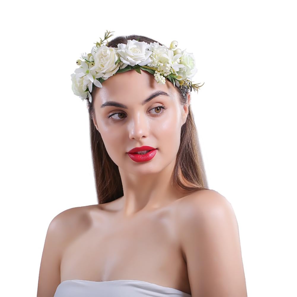 Corona de rosas para mujer, estilo pastoral, ajustable, corona de rosas para playa, fiesta, diadema floral (A- blanco)