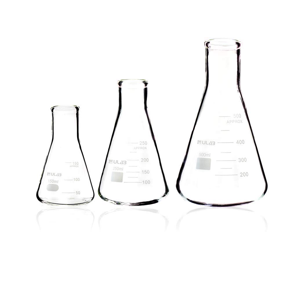 ULAB Scientific UEF1028 Erlenmeyer Lot de flacons en verre à goulot étroit 3 tailles 150 ml 250 ml 500 ml 3.3 borosilicate avec graduation imprimée