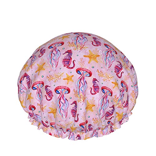 Jellyfish Seahorse Starfish Pink Shower Cap Women Double Layer Waterproof Bath Cap Eva Lining Design For All Hair Lengths