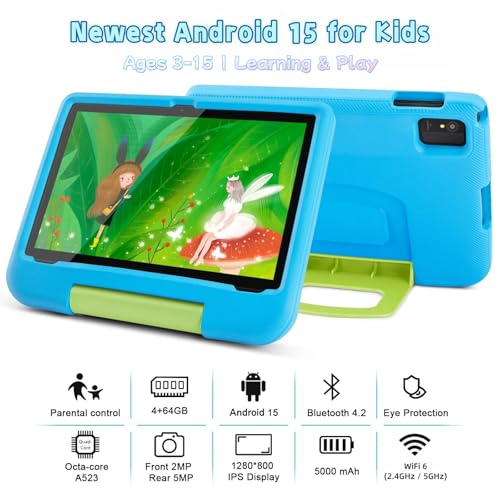 Image of Android 15 Tablet for Kids - Kids Tablet with 10.1 inch Display, 8GB+64GB, Octa-Core, WiFi 6, 5000mAh, Parental Controls & Pre-Installed Kids Apps, Tablets with EVA Case