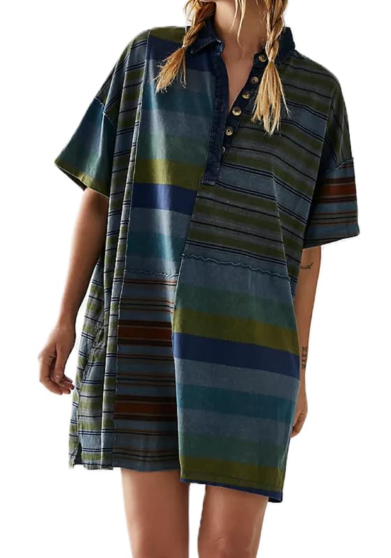 Image of NUFIWI Y2K Striped Shirt Mini Dress for Women Oversized Stripe Tunic Tshirt Dresses Short Sleeve Buttons Loose Fit Tee Dress