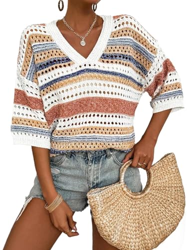 Saodimallsu Womens V Neck Crochet Sweaters Striped Short Sleeve Pullover Hollow Out Tops Beach Cruise Outfits 2025