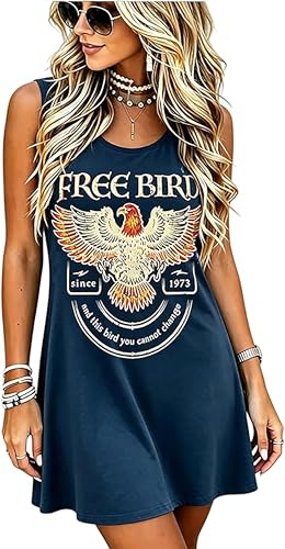 Image of Vintage Rock Country Music Dress for Women Rock Concert Band Graphic Tshirt Casual Letter Print Short Dress