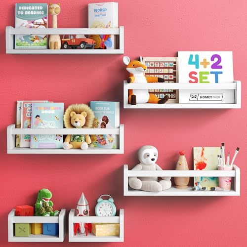 HOMEY PANDA 6-in-1 Floating Nursery Book Shelves for Wall (4 Long + 2 Mini) Solid Pine Wood Nursery Shelves, Wall Bookshelf for Kids Room, Toys & Books Display, Baby Shelf (White)