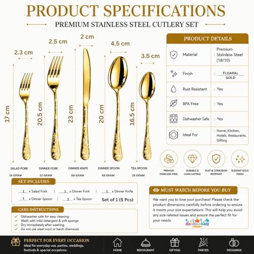 Image of Floral Gold 5 Pcs Stainless Steel Cutlery Set for Dining Table, Dishwasher Safe Glossy Flatware (1 Spoon Set+1 Forks Set+1 Butter Knife+1 Dessert Spoon+ 1 FruitFork)